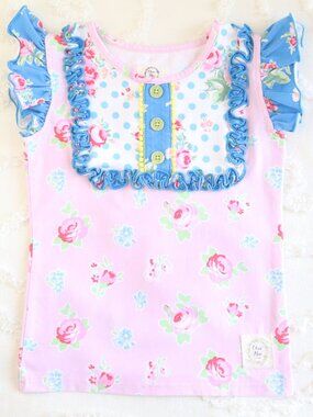Olive Mae | Floral Polka Dot Ruffle Pom Pom Button Front Bib Tank Top Shirt Sz 5